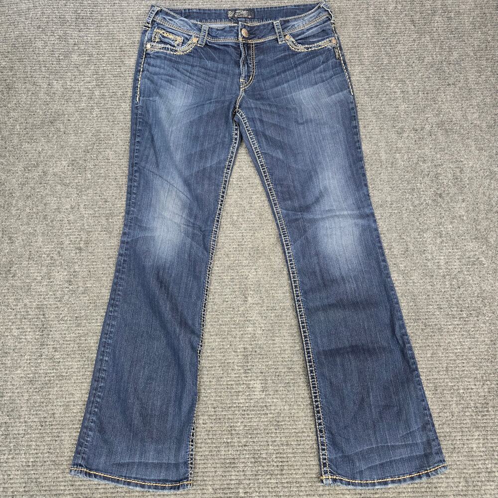 Silver Jeans Suki 17" Bootcut Jeans Womens 34x33 Blue Distressed Thick Stitch